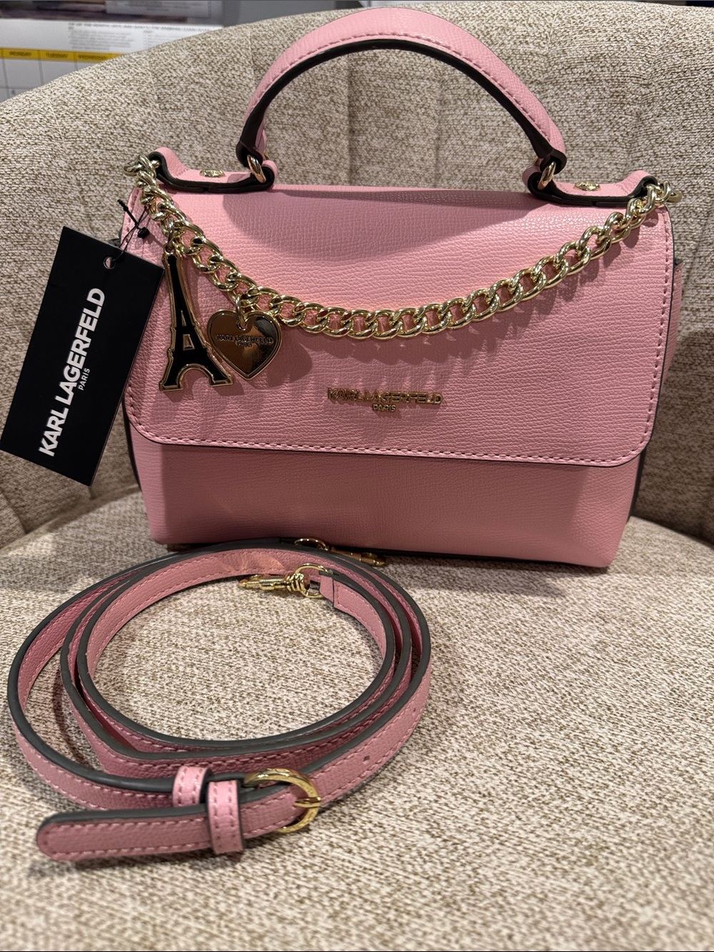 NWT Karl Lagerfeld Soft Pink Satchel Crossbody with Gold Charm Chain